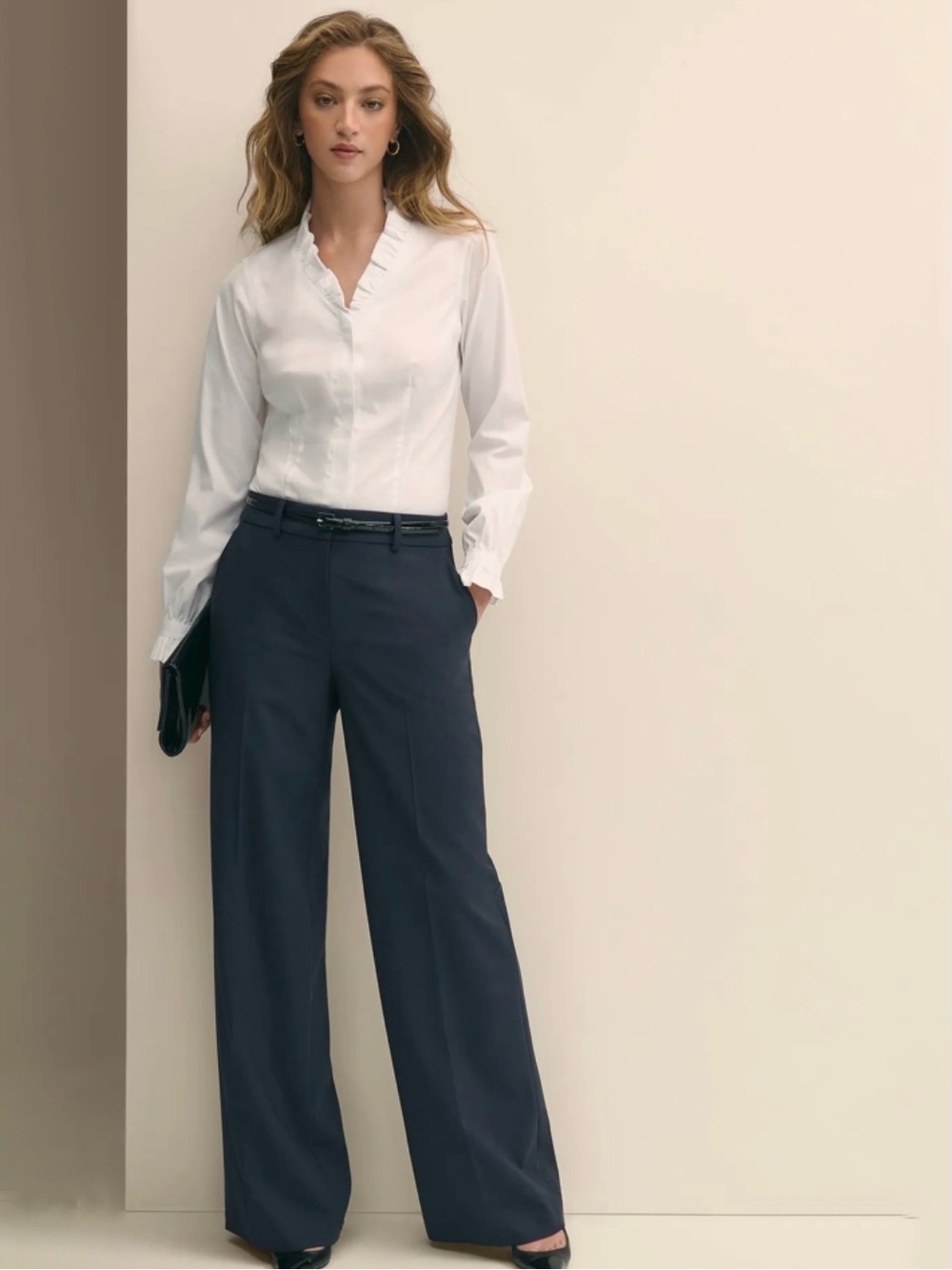 Brooks Brothers “The Essential Wide Leg Trousers” 100% Wool Navy High Rise Pants